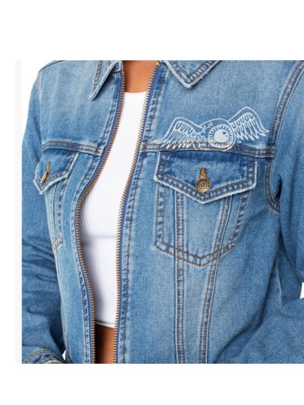 Von Dutch Women’s Cropped Denim Jacket Y2K Logo Patch Blue Jean Trucker Size L - Picture 10 of 10